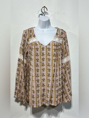 ModCloth 100% Rayon Striped Floral Lace-Trim Bell Sleeve Blouse Size Medium